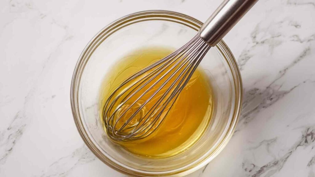 Bowl of golden liquid with a whisk, mixing wet ingredients for flourless bread