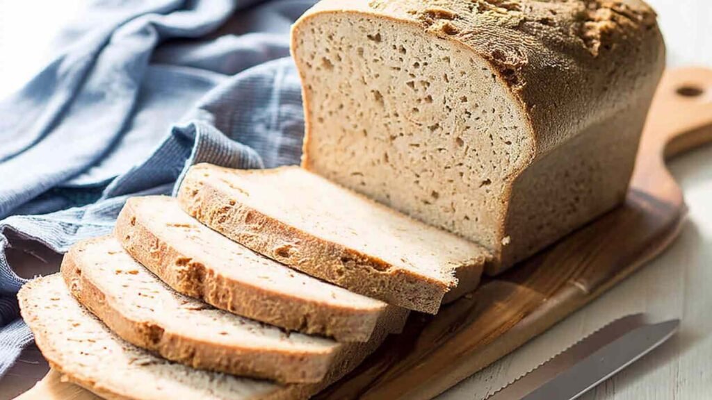 Whole loaf of flourless bread sliced on a wooden cutting board, soft crumb and golden crust visible