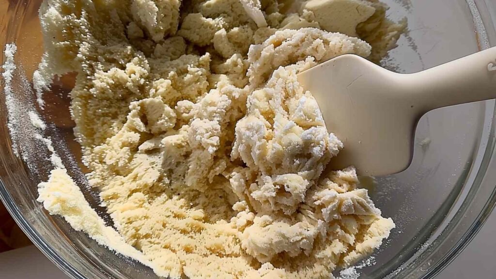 Gluten-free high-protein bagel bites dough being mixed with a spatula in a glass bowl