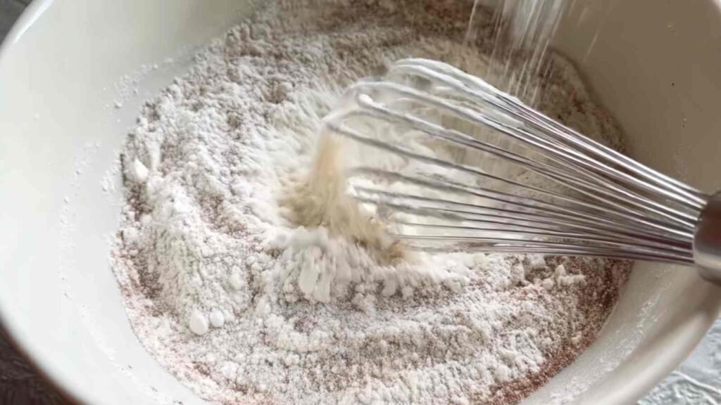 Whisk stirring flour, baking powder, cinnamon, and other dry ingredients together in a white mixing bowl for bagel dough.