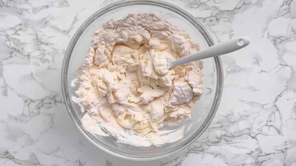 Glass bowl of flour and Greek yogurt being mixed together with a white spatula on a marble countertop.