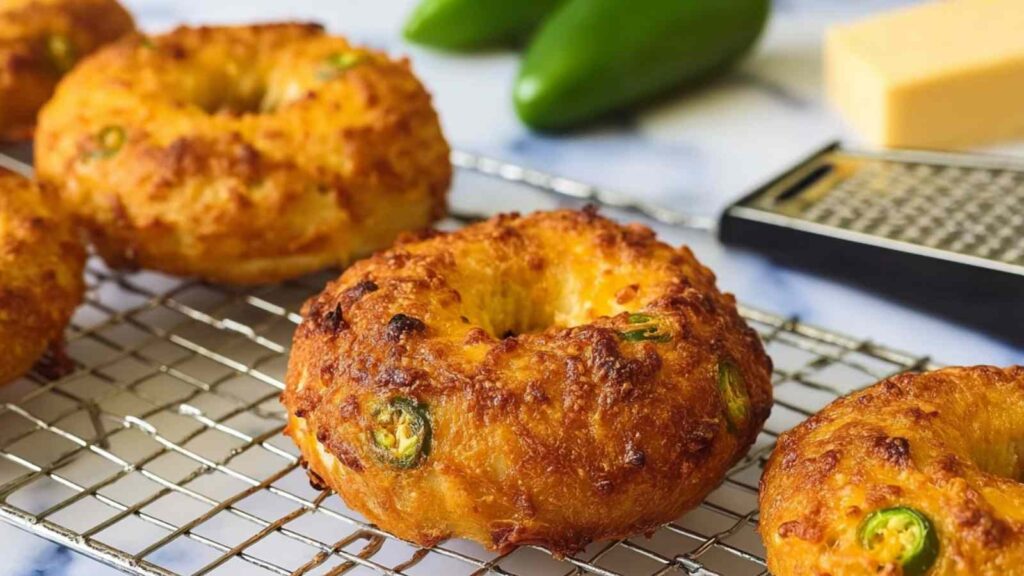 Gluten-free jalapeño cheddar bagels cooling on a wire rack, golden and bubbly with melted cheese and sliced jalapeños visible
