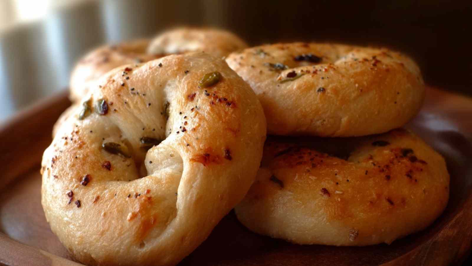 A stack of golden-brown spicy jalapeño bagels with blistered tops and visible chili flakes, served on a rustic wooden plate