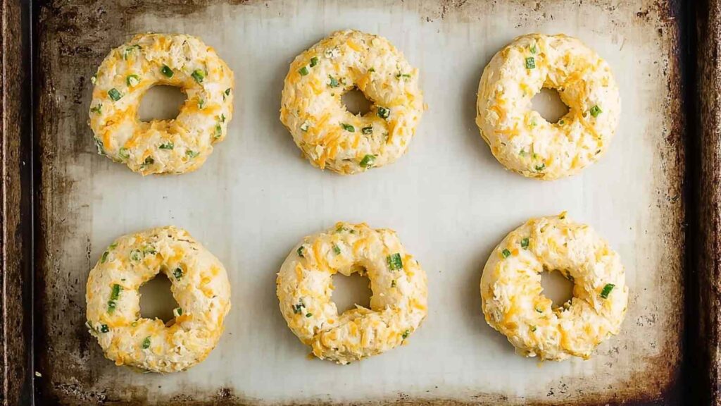 Unbaked gluten-free jalapeño cheddar bagels arranged in rows on a baking sheet, dough studded with green and orange flecks