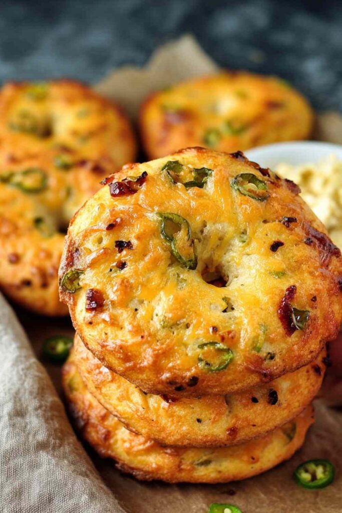 Tall stack of golden jalapeño cheddar protein bagels with blistered cheese tops and green chili slices