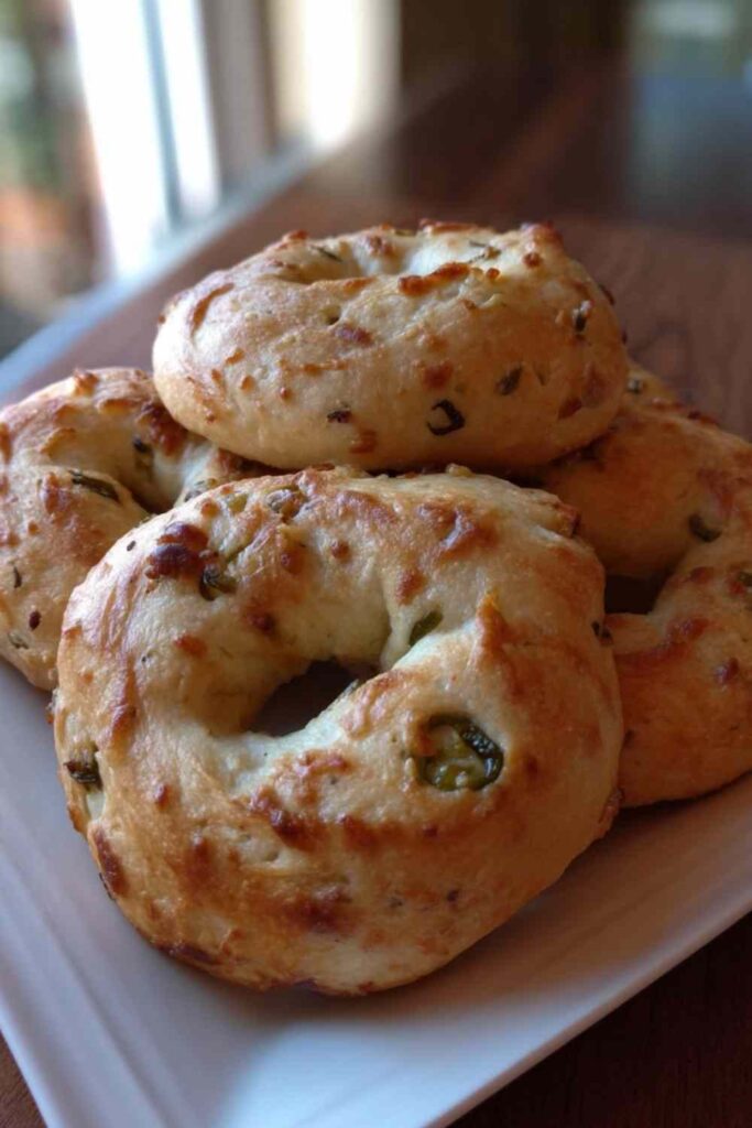 Stack of freshly baked spicy jalapeño bagels on a white ceramic plate near a sunny window, with visible bits of chili and jalapeño
