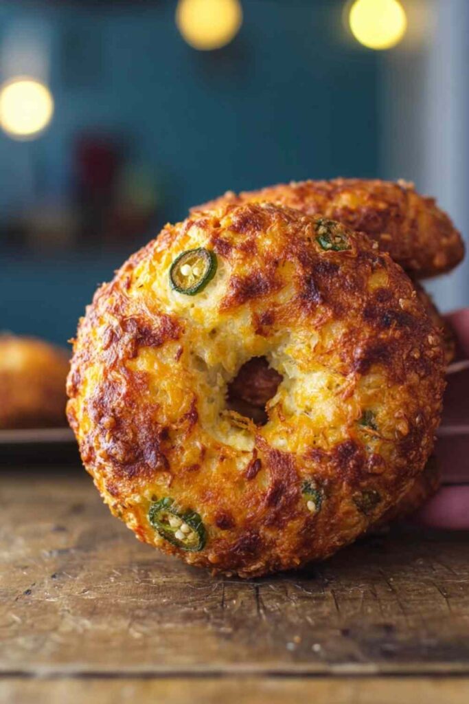 Close-up of a golden-brown gluten-free jalapeño cheddar bagel standing upright on a rustic wood table, cheese and jalapeño slices baked into the crust