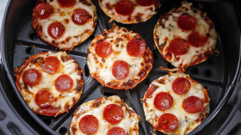 Top view of air fryer basket filled with pepperoni bagel bites hot and golden with melted cheese.