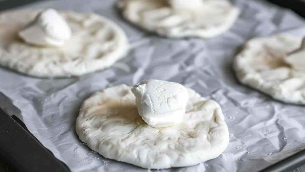 Unbaked dough rounds on a parchment-lined tray, each with a dollop of cream cheese in the center
