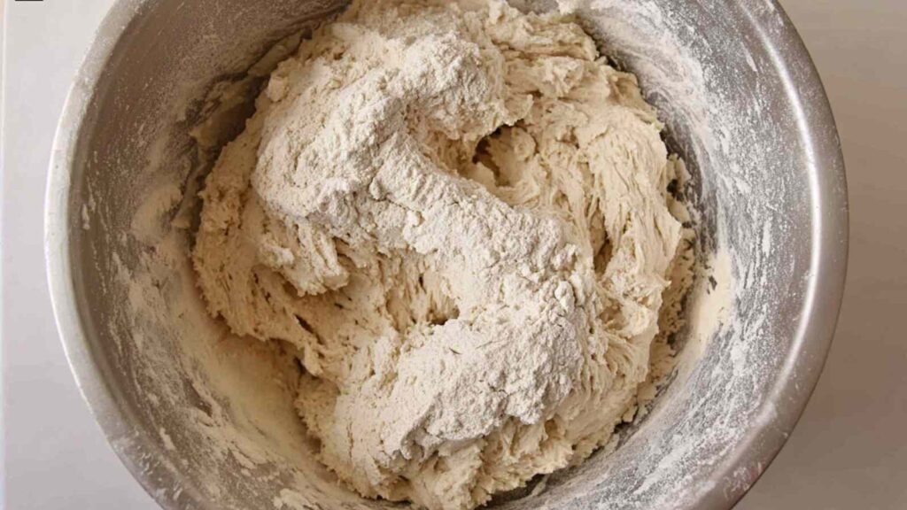 Bowl of sticky, just-mixed dough for chocolate chip bagels.