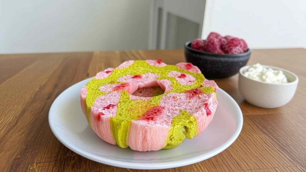 Interior view of sliced raspberry pistachio sourdough bagel showing airy crumb and green-pink swirl pattern
