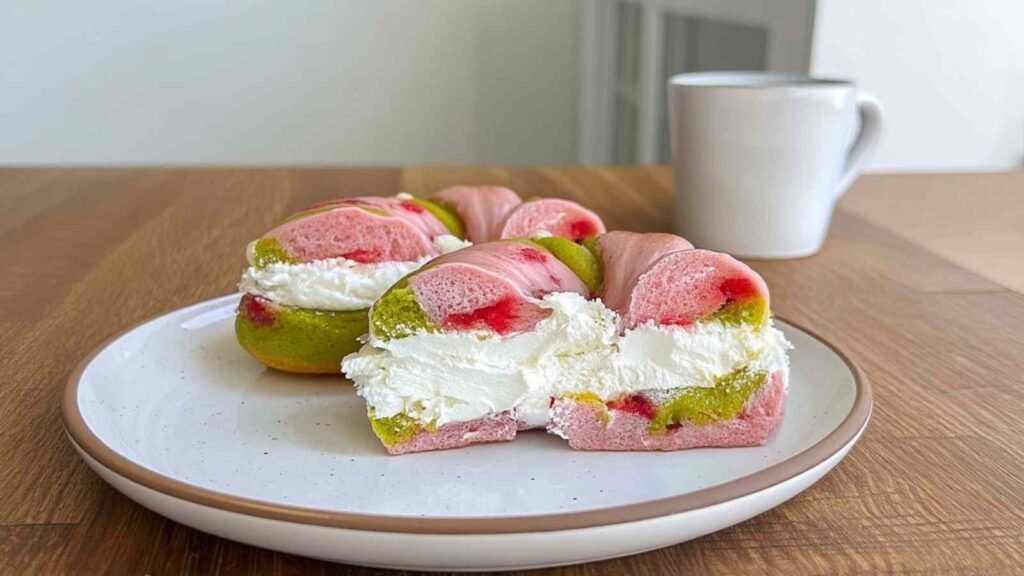 Raspberry pistachio sourdough bagel sliced and filled with whipped cream cheese, served on a plate with coffee mug in background
