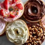 Six bagel halves topped with a variety of cream cheese spreads, including chocolate, strawberry with sprinkles, walnut, herbed, and more.