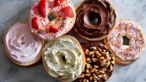 Six bagel halves topped with a variety of cream cheese spreads, including chocolate, strawberry with sprinkles, walnut, herbed, and more.