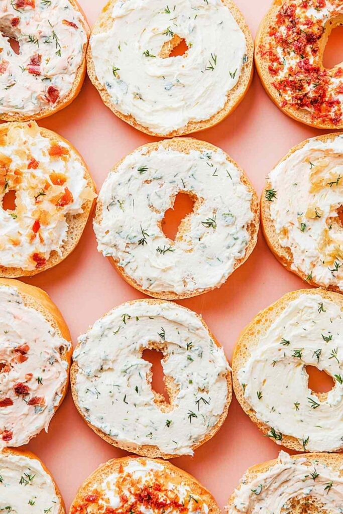 Top-down image of bagels spread with various cream cheese blends and garnished with herbs.