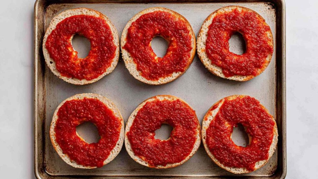 Six bagel halves on a baking tray, topped with tomato sauce, prepped for making pizza bagels in the air fryer.