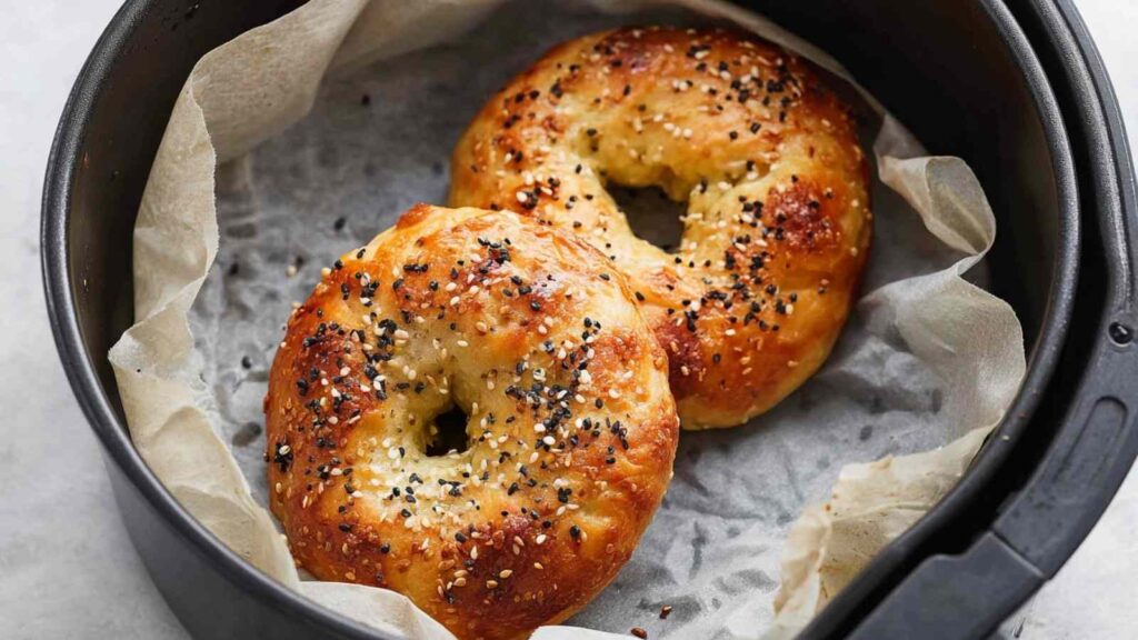 baked air fryer bagels with golden edges and sesame seasoning in the air fryer basket