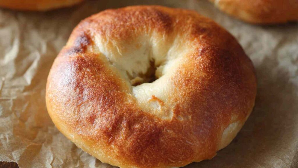 Close-up of plain golden brown gluten free bagel on parchment, showcasing glossy, blistered crust