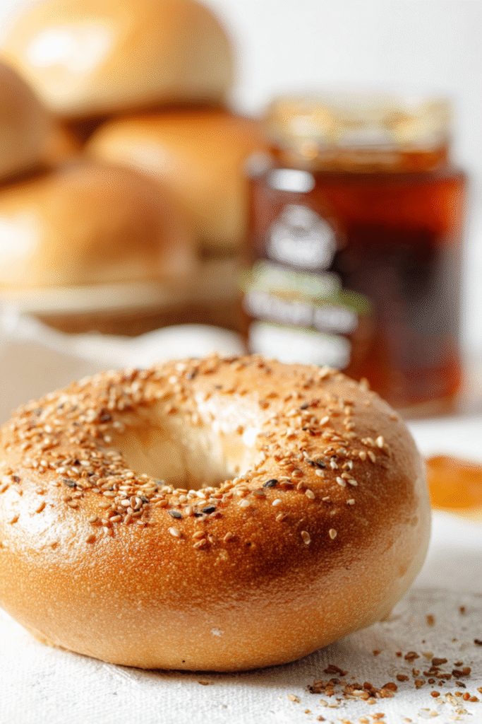 Golden baked New York-style bagel with sesame seeds in front of a jar of amber honey on a white cloth