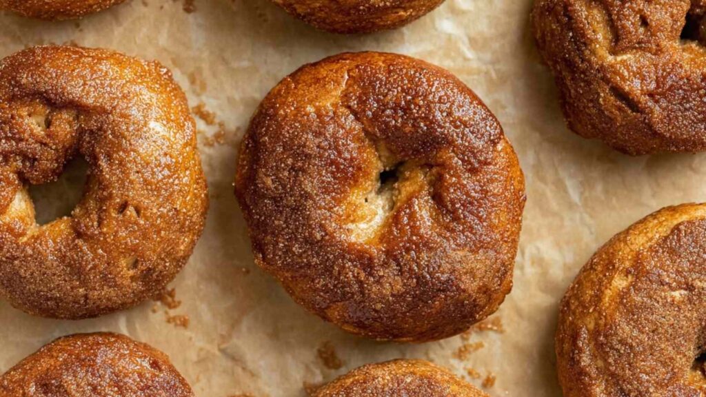 Baked pumpkin bagels with a cinnamon sugar coating, set on a parchment-lined surface.