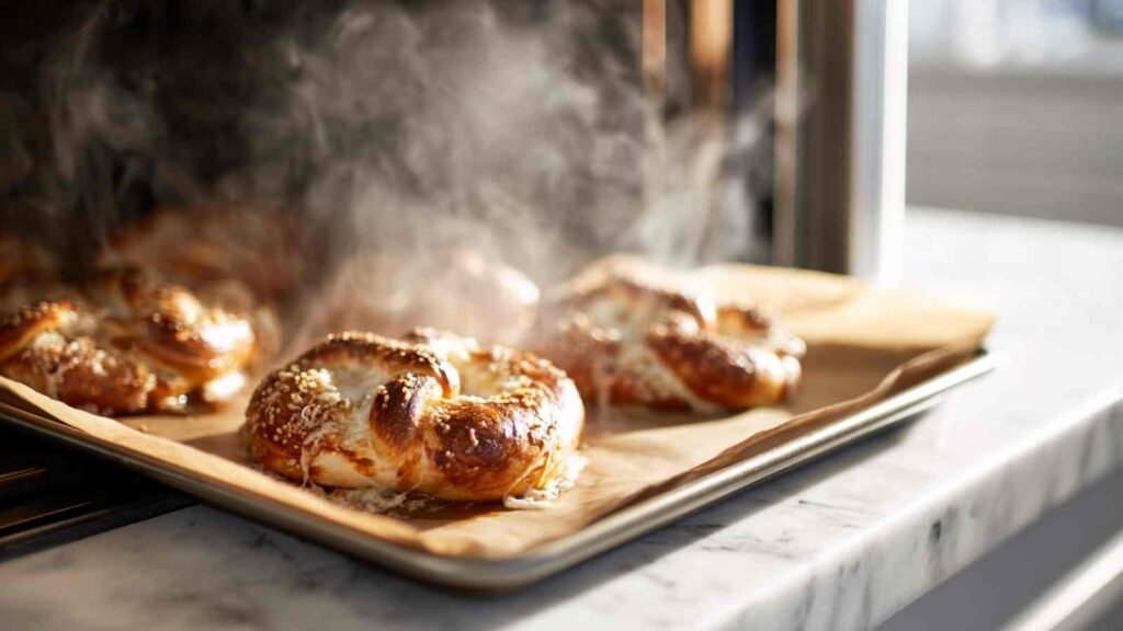 Steamy tray of golden pretzels baking in the oven with visible melted cheese and sesame topping