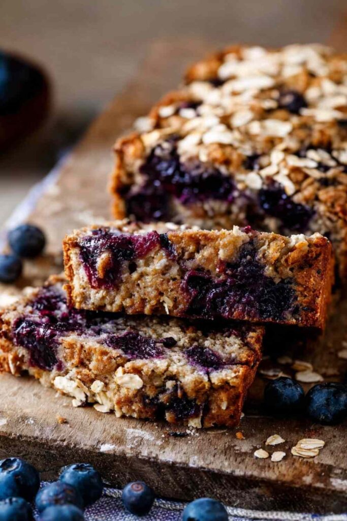 Close-up of blueberry oat bread slice with visible berries and oat flakes, set on a rustic board