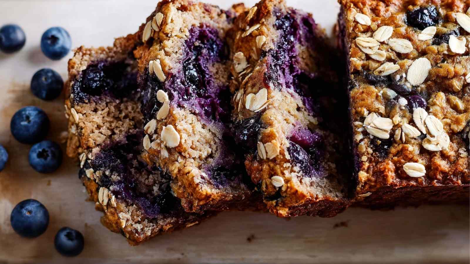 Sliced blueberry oat breakfast bread topped with rolled oats, showing juicy blueberries and a soft, moist texture
