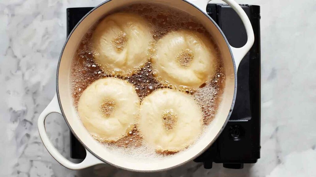 Four bagels boiling in a white pot on stovetop