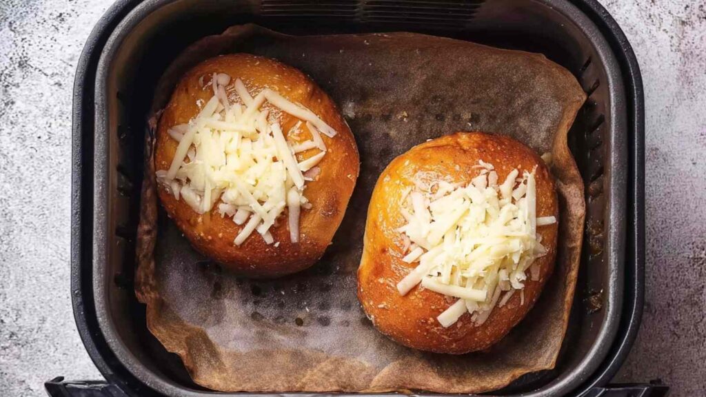 Two halved bagels topped with grated cheese in an air fryer tray before cooking.