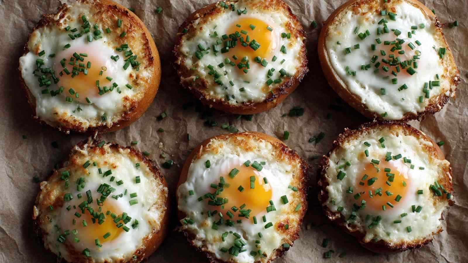 Overhead view of six baked cheesy egg bagels topped with fresh chives on parchment paper.