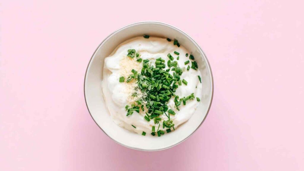Whipped cream cheese with chopped chives and seasoning on pink background.