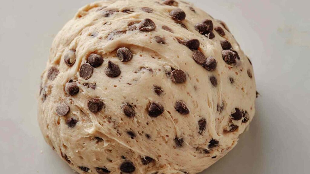 Ball of chocolate chip bagel dough with chips visibly mixed in.