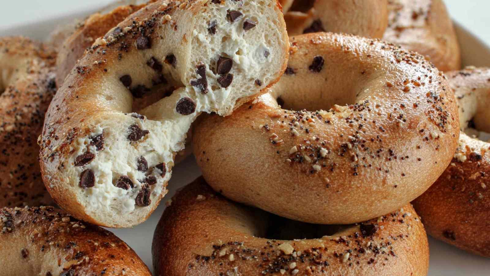 Close-up of chocolate chip bagels, one torn open to reveal soft interior and melted chips.