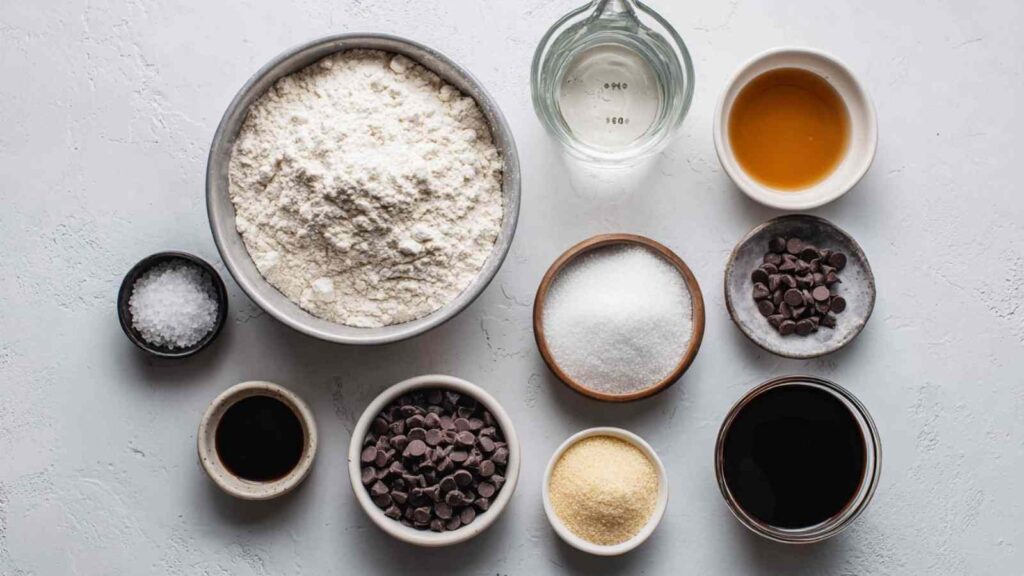 Overhead of all chocolate chip bagel ingredients including flour, sugar, chocolate chips, and molasses.