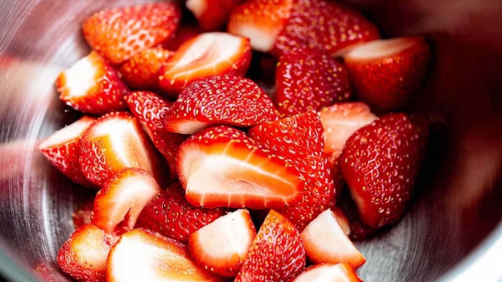 Bowl of freshly chopped strawberries, bright red and juicy, used to flavor and color the strawberry bagel dough.