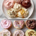 Top row shows cream cheese scoops; bottom row shows the same spreads smoothed onto halved bagels—pink, sprinkle, chocolate, and nutty versions.
