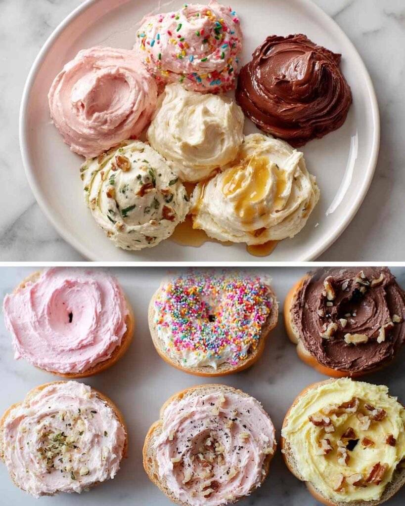 Top row shows cream cheese scoops; bottom row shows the same spreads smoothed onto halved bagels—pink, sprinkle, chocolate, and nutty versions.