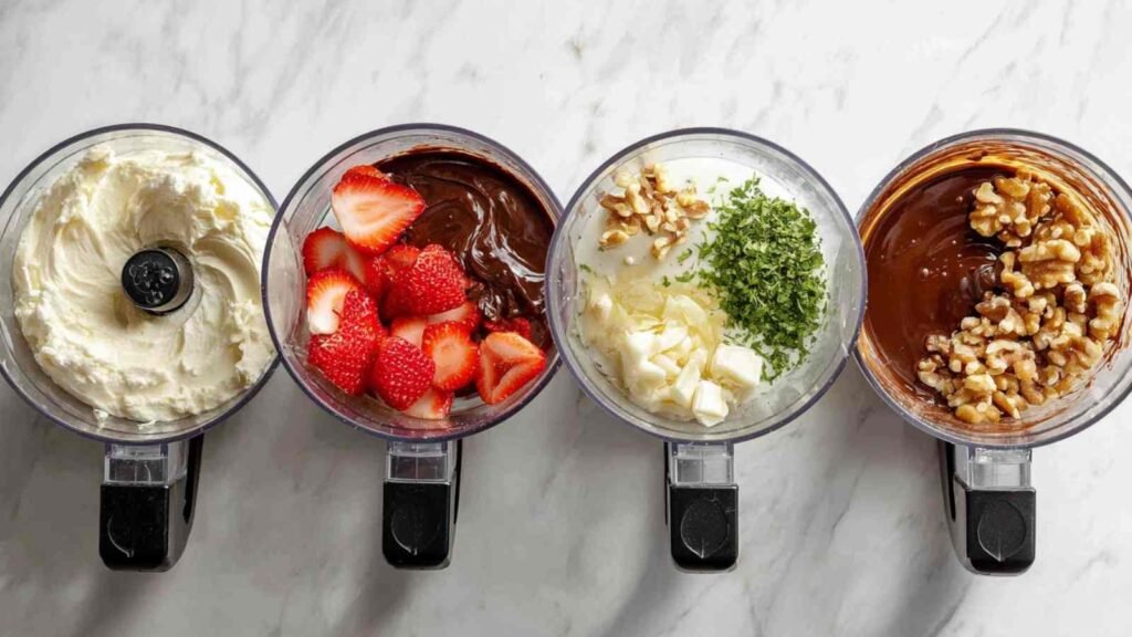 Four open food processors filled with cream cheese and flavor ingredients: plain, strawberries with chocolate, garlic with herbs and walnuts, chocolate with walnuts.