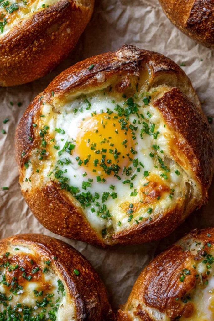 Close-up of single cheesy egg bagel with crispy crust and bright yolk on parchment paper.