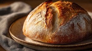 Golden brown sourdough bread with a crackly crust made using bolted flour, resting on a rustic ceramic plate