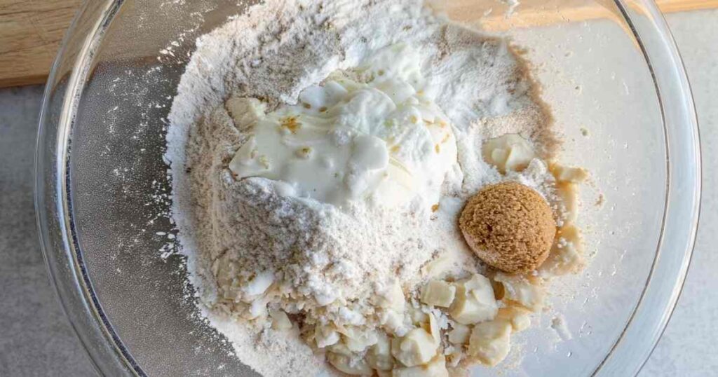 Overhead shot of bowl with flour, yogurt, brown sugar, and chopped ingredients for Thomas' high protein bagel dough