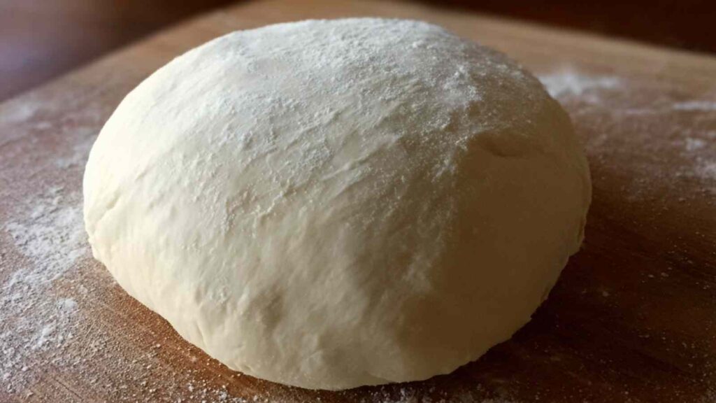 A soft, flour-dusted ball of dough on a wooden surface after overnight fermentation