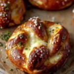 Close-up of a finished mozzarella stuffed soft pretzel with melted cheese peeking through and coarse salt sprinkled on top