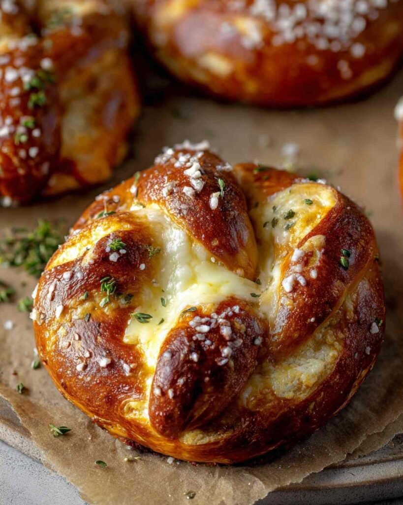 Close-up of a finished mozzarella stuffed soft pretzel with melted cheese peeking through and coarse salt sprinkled on top