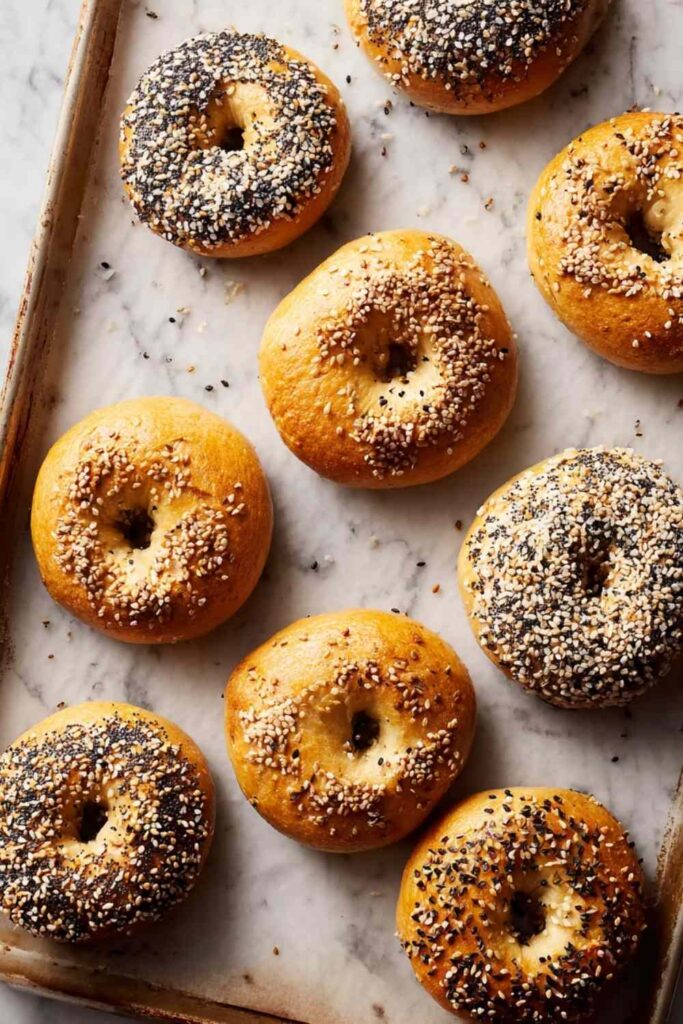 Top-down view of freshly baked bagels with sesame and poppy seeds on baking tray