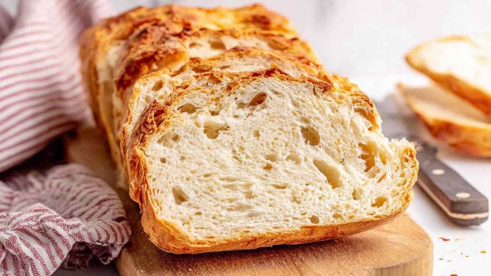 Close-up of freshly sliced loaf of golden protein bread on wooden cutting board with airy crumb texture