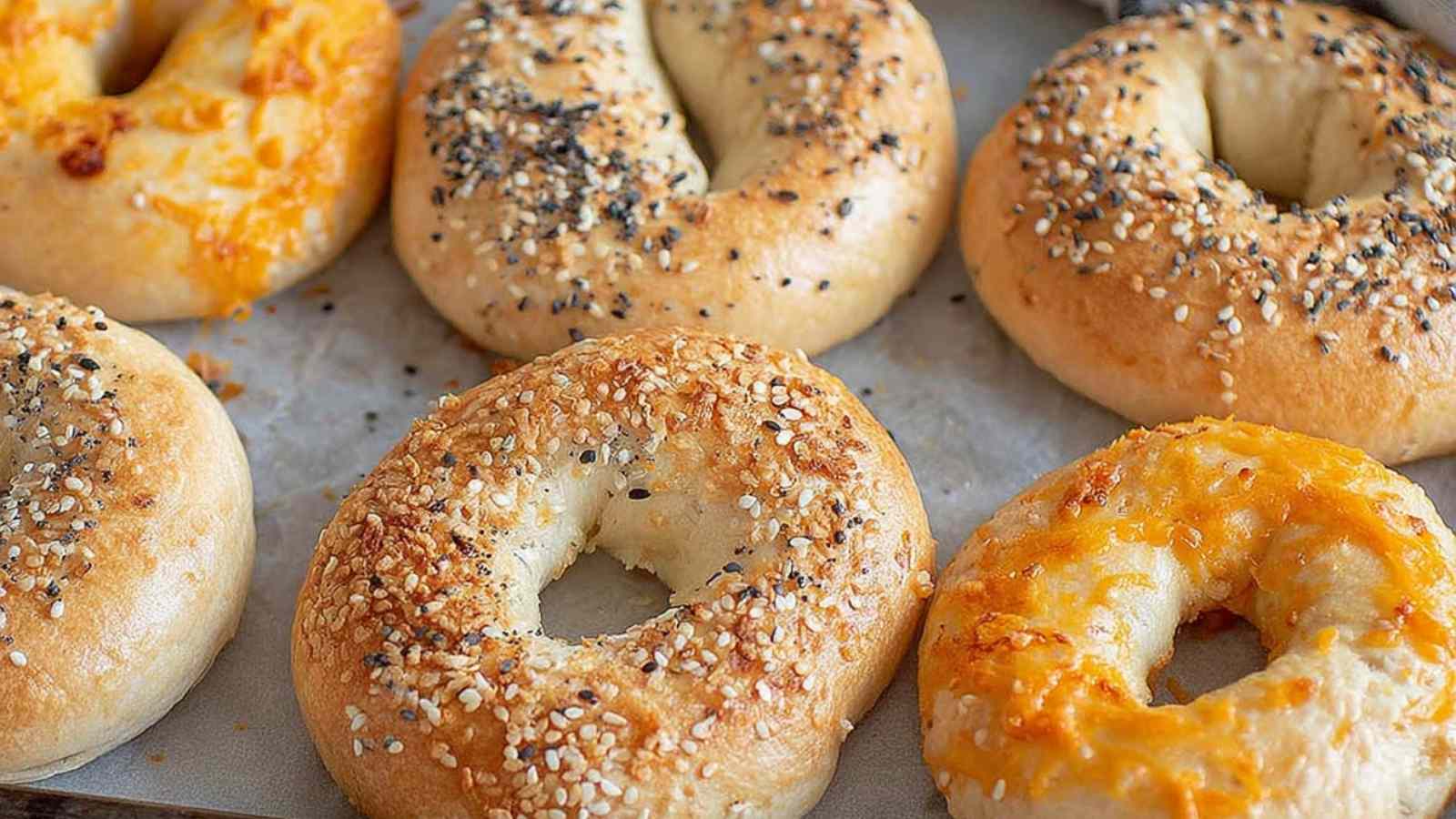 Freshly baked bagels topped with sesame, poppy seeds, and cheese, ready to be served with whipped cream cheese