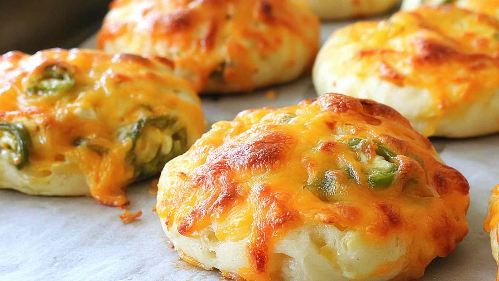 Baked green chile cheese bagels topped with melted cheddar, golden and bubbly on a parchment-lined tray