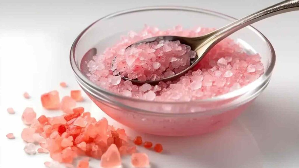 Close-up of Himalayan pink salt crystals in a clear glass bowl with a metal spoon