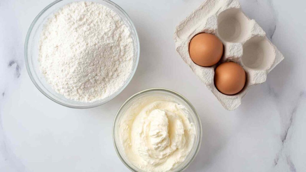 Overhead view of flour, whipped cottage cheese, and eggs arranged for making bagels.
